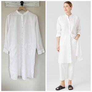 EILEEN FISHER M Organic Linen Mandarin Collar Dress in White • Spring Layering